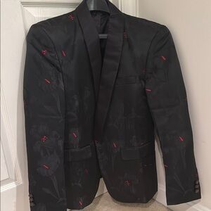 Large 40-42 Slim Fit Modern Black and Red Tuxedo with Subtle Red Accents